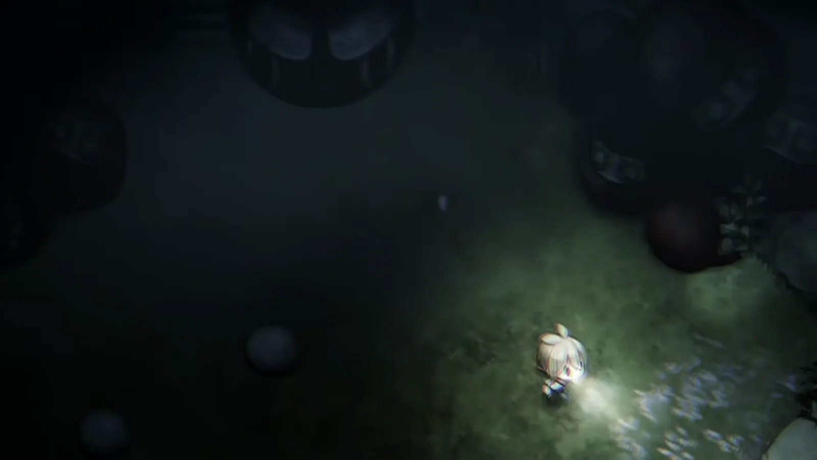 Village in the Shade night meadow where the protagonist’s flashlight reveals grinning shadow faces closing around the lone path.