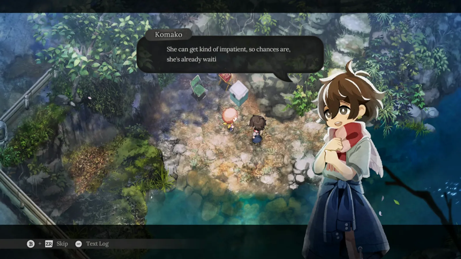 Village in the Shade dialogue close-up labeled Komako beside a riverside camp as she talks about waiting for another villager in Kagatsu.