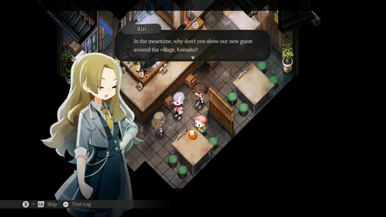 Village in the Shade izakaya scene where Rin asks Komako to show a new guest around Kagatsu, illustrating friendship errands instead of romance routes.