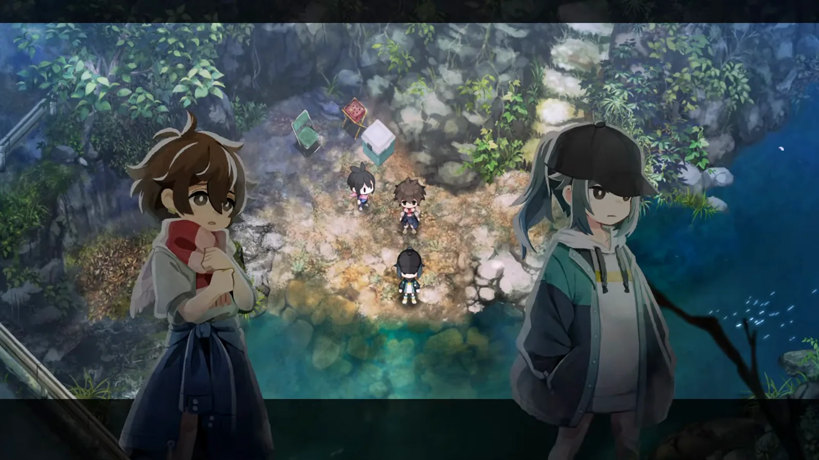 Village in the Shade forest creek campsite where pixel-art villagers stand beside a folding chair, portable grill, and cooler on the rocky bank—social scenery near fishing areas, not a yen counter UI.