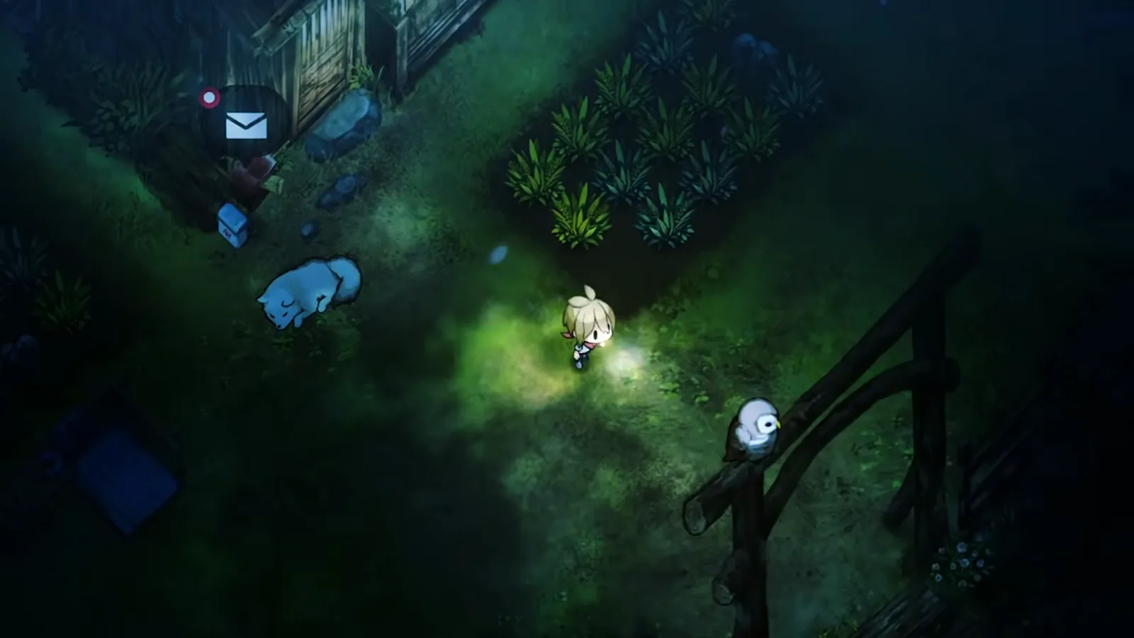 Village in the Shade official trailer night homestead scene where the hero’s flashlight reveals a sleeping wolf, a mailbox alert, and an owl on the gate during after-curfew exploration.