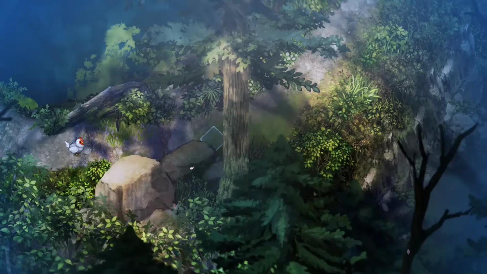 Village in the Shade twilight forest trail in English gameplay where a chicken roams under tall trees, showing how outdoor routes look once the sun drops before true midnight events.