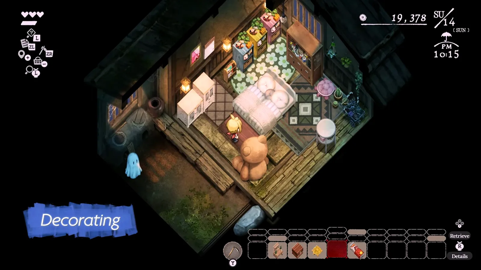 Village in the Shade decorating mode bedroom layout with furniture icons on the toolbar while rain falls outside the cozy interior past 10 PM.