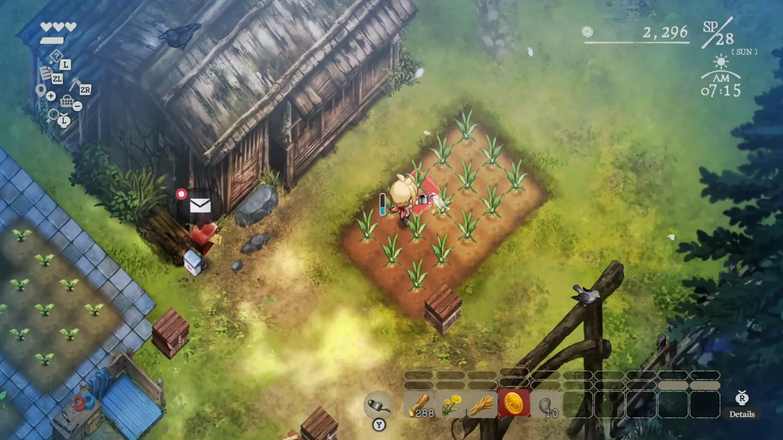 Village in the Shade launch trailer still of morning turnip watering beside a mailbox ping at the starter farm in bright countryside light.