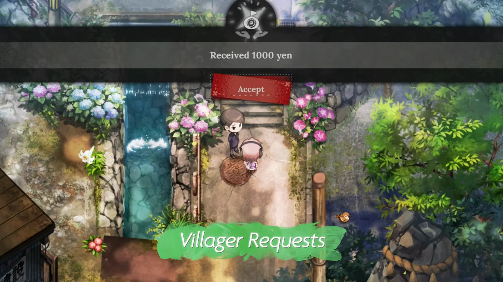 Village in the Shade villager request payout banner crediting 1000 yen through the official quest UI instead of a keyboard promo redemption field.