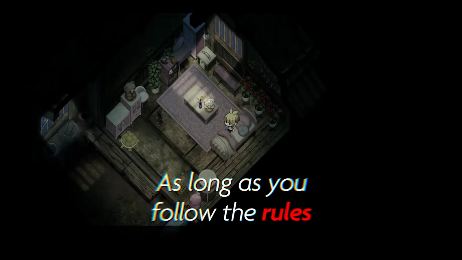 Village in the Shade launch trailer VHS frame stating Rule 1 do not be outside past 11 PM, matching the curfew line in the eight-rule code.