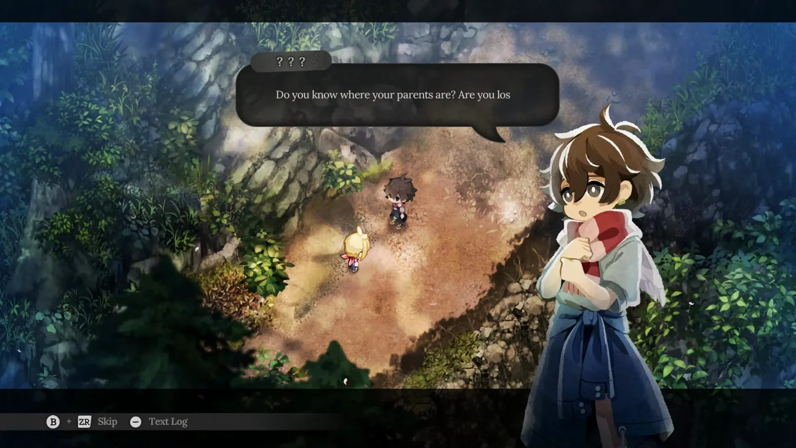 Village in the Shade forest-path dialogue where a speaker labeled ??? asks whether you know where your parents are and if you are lost—Rule Three stranger caution without naming a specific NPC.