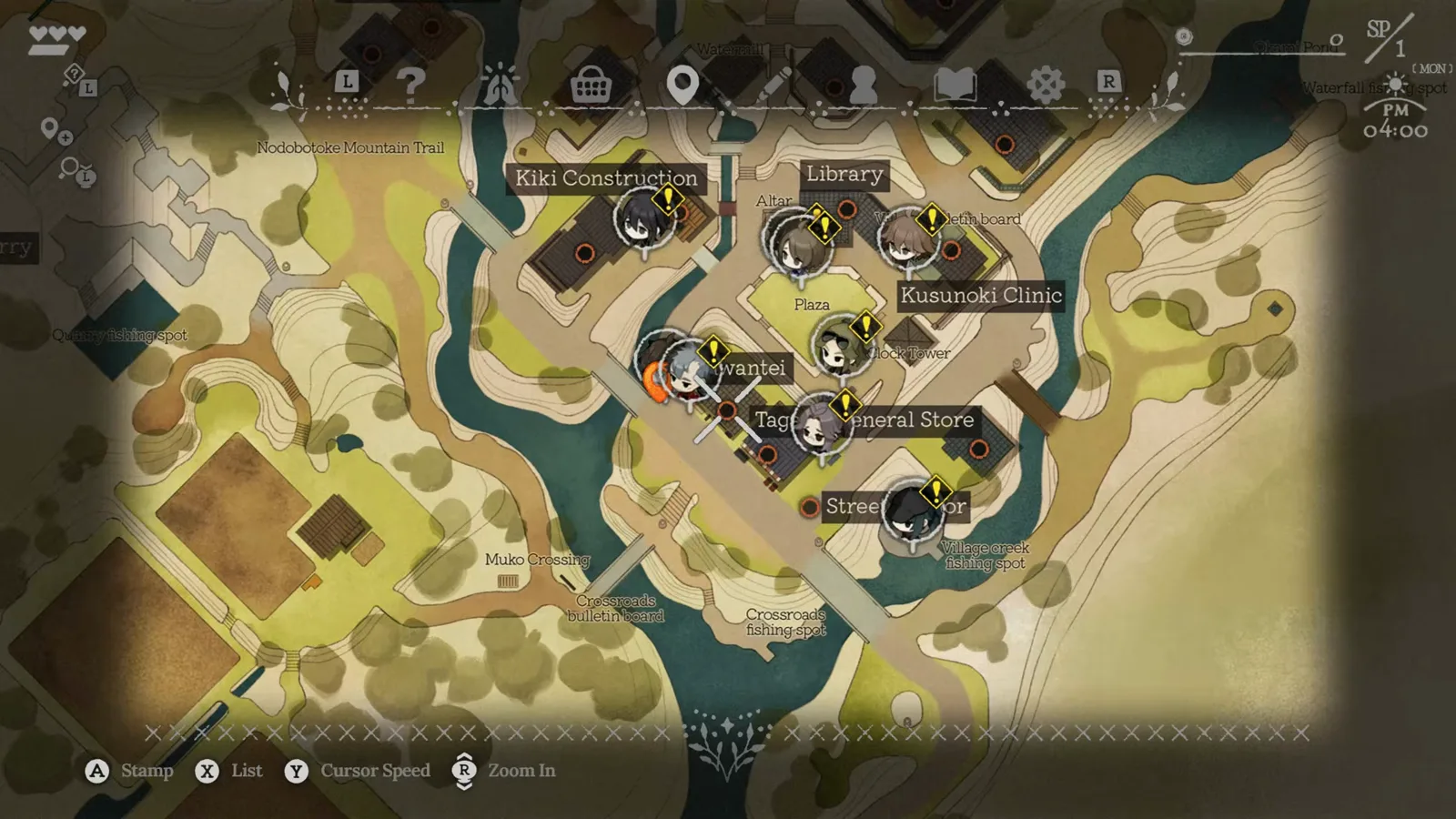 Village in the Shade parchment world map labeling Tagami General Store, the crossroads bulletin board, and mountain trails that bound where you can walk without leaving the valley.